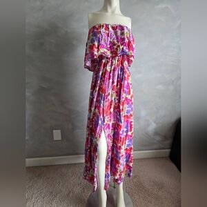 Japna Womens L Floral Strapless Off Shoulder Maxi Dress Colorful Rayon